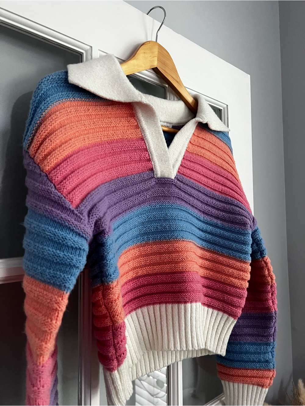 English Factory Striped V-Neck Sweater in Coral, Pink, Purple, Blue & White - Picture 6 of 6